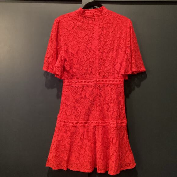 Strut & Bolt floral Lace Lined Mock Neck Short Sleeve flare Mini Dress Red Large - Picture 2 of 11